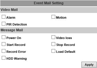 starts or reboots. Start Record:A notification will be sent via email when the NVR starts recording. Record Error:A notification will be sent via email when the recording fails.