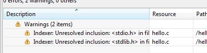 The project properties must be changed to resolve the problem Indexer: Unresolved inclusion: <stdio.