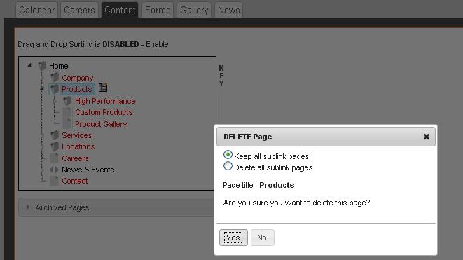 Delete Clicking on this item will prompt a message confirming that you want to delete the page.