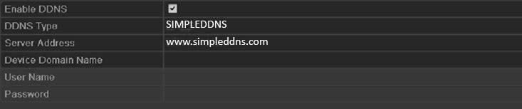 You can register the alias of the device domain name in the SIMPLEDDNS server first and then enter the alias to the Device Domain Name in the DVR; you can also enter the domain