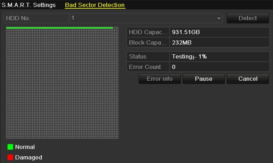 Menu>HDD>HDD Detect>Bad Sector Detection Figure 10.20 Bad Sector Detection 2. Select a HDD and click Detect to start detecting. Figure 10.21 Bad Sector Detecting 3.