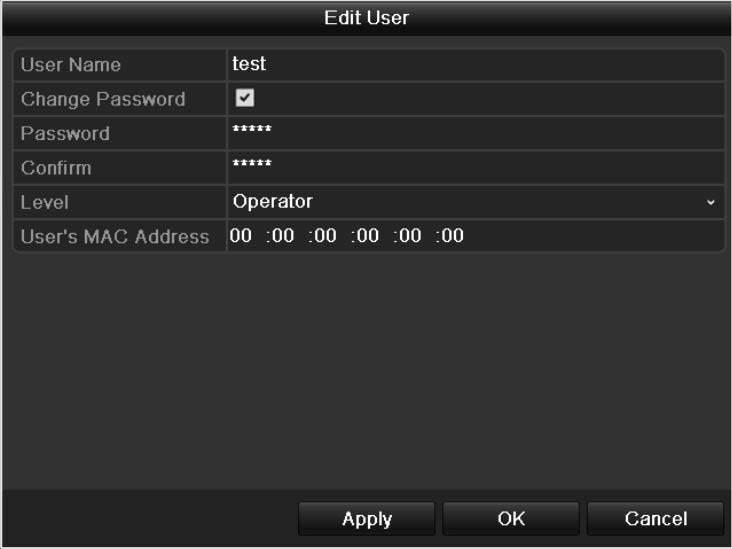 Figure 13.11 Edit User Interface 4. Edit the user information, including user name, password, level and MAC address. 5.