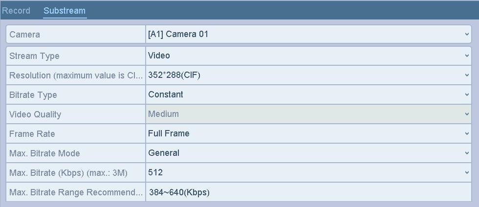 Figure 5-6 Sub-Stream Encoding 2) Select a camera in the camera drop-down list. 3) Configure the parameters. 4) Click Apply to save the settings.