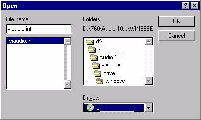9. In the Open window, select "D:\Biscuit\9577\Audio\98se_Me_2k_xp\WIN95_98.
