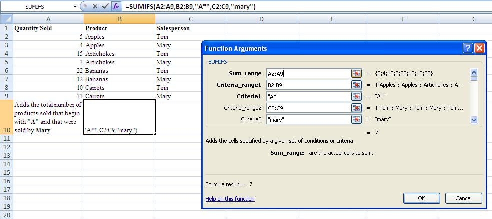 SUMIFS Adds the cells in a range (range: Two or more cells on a sheet. The cells in a range can be adjacent or nonadjacent.) that meet multiple criteria.