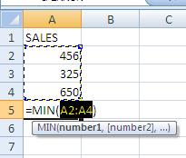 MIN Returns the smallest number in a set of values Syntax:MIN(number1,number2,...) Number1, number2,... are 1 to 30 numbers for which you want to find the minimum value.