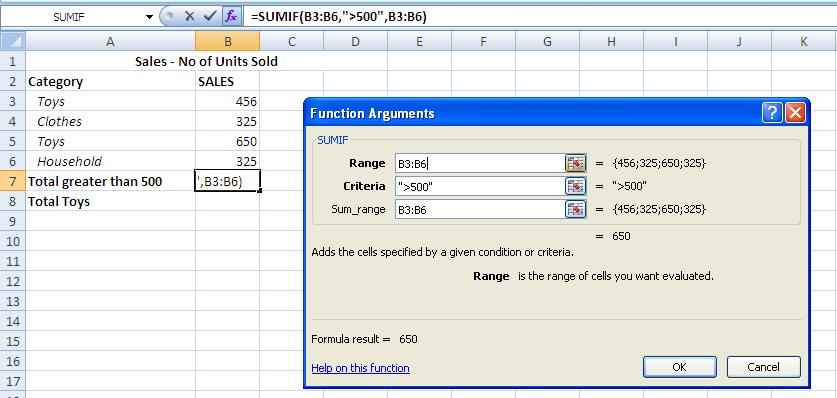 SUMIF You use the SUMIF function to sum the values in a range (range: Two or more cells on a sheet. The cells in a range can be adjacent or nonadjacent.) that meet criteria that you specify.