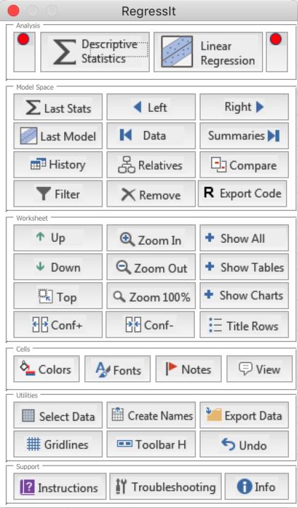You should then see a RegressIt tab appear on the Excel top menu, with this ribbon: 6. Click the Toolbar V button, which will launch the vertical floating toolbar.