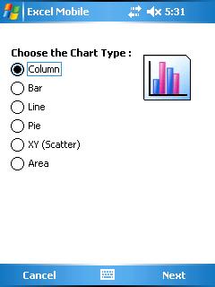 Figure 60 To create a graph based on these data, highlight the desired cells and tap the button on the toolbar at the bottom left. Alternatively, highlight the desired cells and tap Menu Insert Chart.