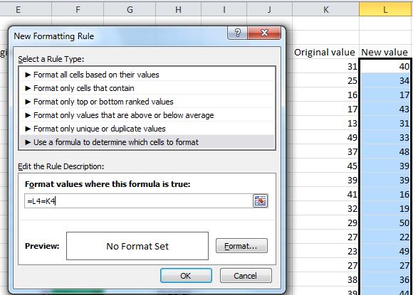 colour cells purple if the value in the new column is equal to the value in the old column Type the formula in the Format values where this formula