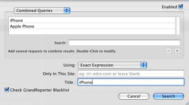 In the example above, two Queries will be created (iphone and Apple Phone), and in GrandReporter's main window, only one line named "iphone" will be shown.