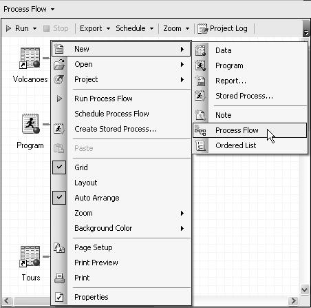 Adding new process flows To add a new process flow to a project, select File New Process Flow from the menu bar, or right-click the current process flow and select New Process Flow from the popup