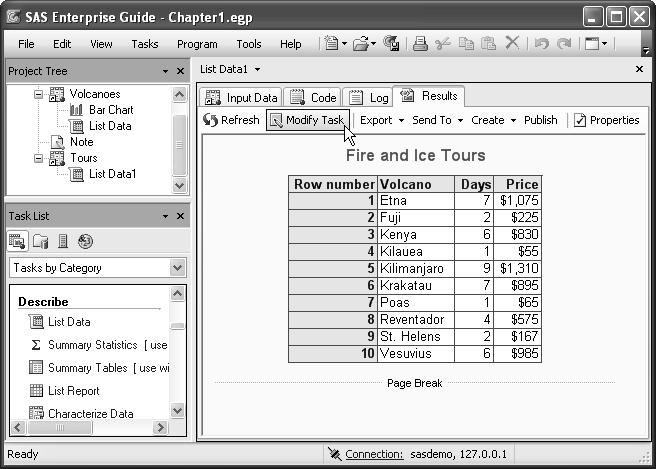 Chapter 1: SAS Enterprise Guide Basics 143 Running a task Every task includes a Data page where you assign variables to task roles. Using the selection pane on the left, you can open other pages.