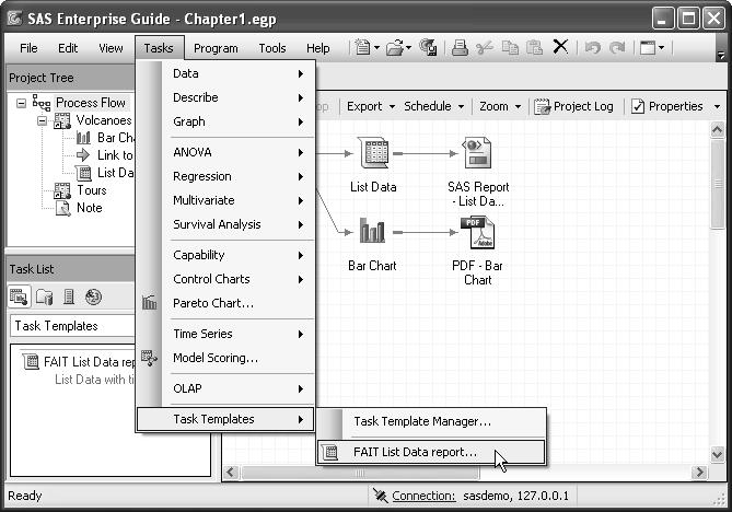 Chapter 1: SAS Enterprise Guide Basics 145 Using a task template Once you create a task template, unless you delete it, it will be available to you every time you open SAS Enterprise Guide.