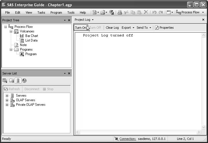 Chapter 1: SAS Enterprise Guide Basics 163 Viewing the Project Log To turn on the Project Log, first open it by clicking Project Log on the workspace toolbar for the Process Flow or selecting View