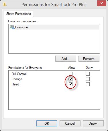 Check off the permissions boxes that say Change and Read, then click OK.