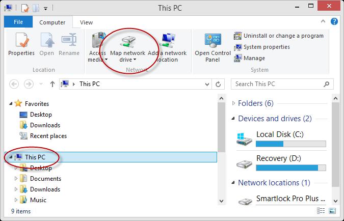 MAPPING A NETWORK DRIVE Map the shared SmartLock Pro Plus data folder on the PC you want to install SLP+ Photo View on.