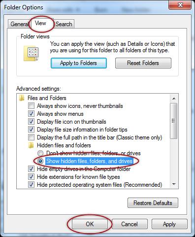 Click on the View tab, and in the Advanced settings: list find the Hidden files and folders