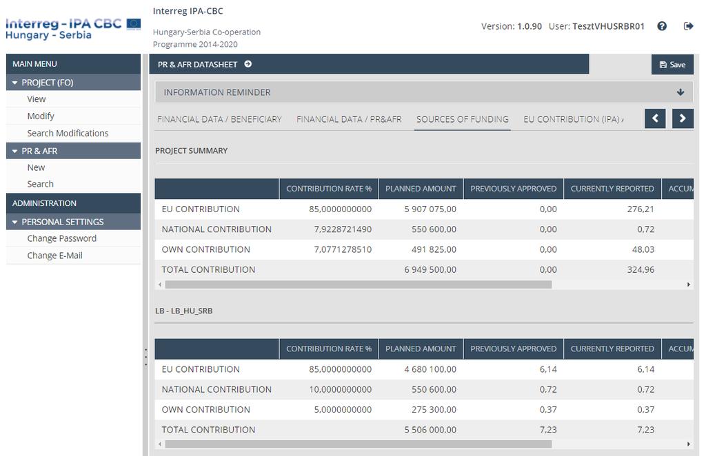 4.10 Sources of Funding Tab This is a read-only tab showing cumulated PR&AfR financial data from the project s