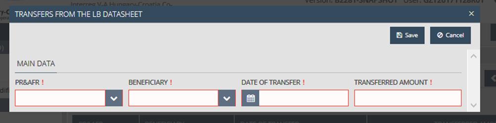 The interface lists the data on transfers included in previous reports, and new items can be entered for the current period. In order to record transfers, please click on New.