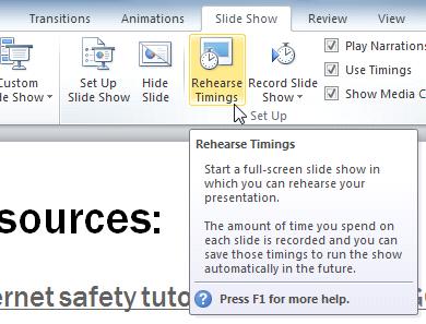 presentation with the same timings when you present it. To Rehearse Timings: 1. Select the Slide Show tab and locate the Set Up group. 2. Click the Rehearse Timings command.