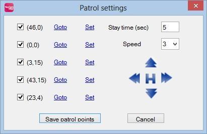 patrol, User can use the direction arrow in blue to set each point the user want to stop in a patrol. After set each point, click set to save each point.