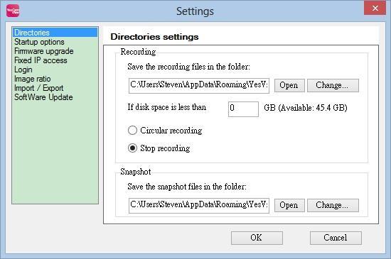 8.1.1 Directories Settings: to set the directory path for the Recording and Snapshot Recorded video file folder path Click to open the recording folder.