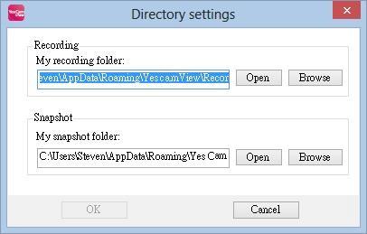 9.4 YesCam Play Functions Directory Language 9.4.1 Directory: Click to get into the directory settins dialog for recording and snapshot. Click Browse to change the settings.