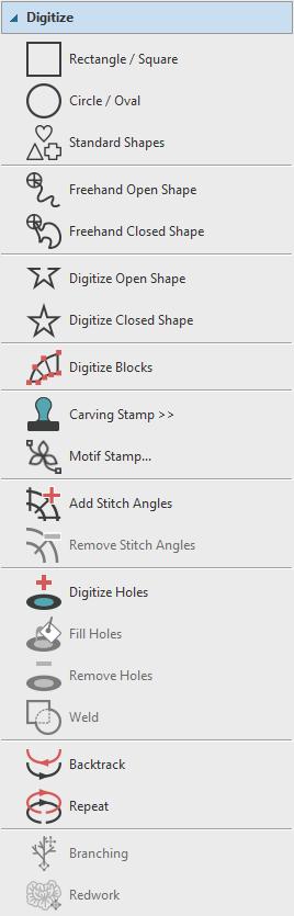 Toolboxes Digitize toolbox The Digitize toolbox provides all the digitizing tools necessary to create embroidered shapes. See also Digitize objects. Digitize tool listing.