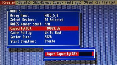 After all of the disks have been selected and press the ESC key to return to the Create Menu. 5. Next, Use the arrow key to highlight the Capacity (GB) option and press Enter key.