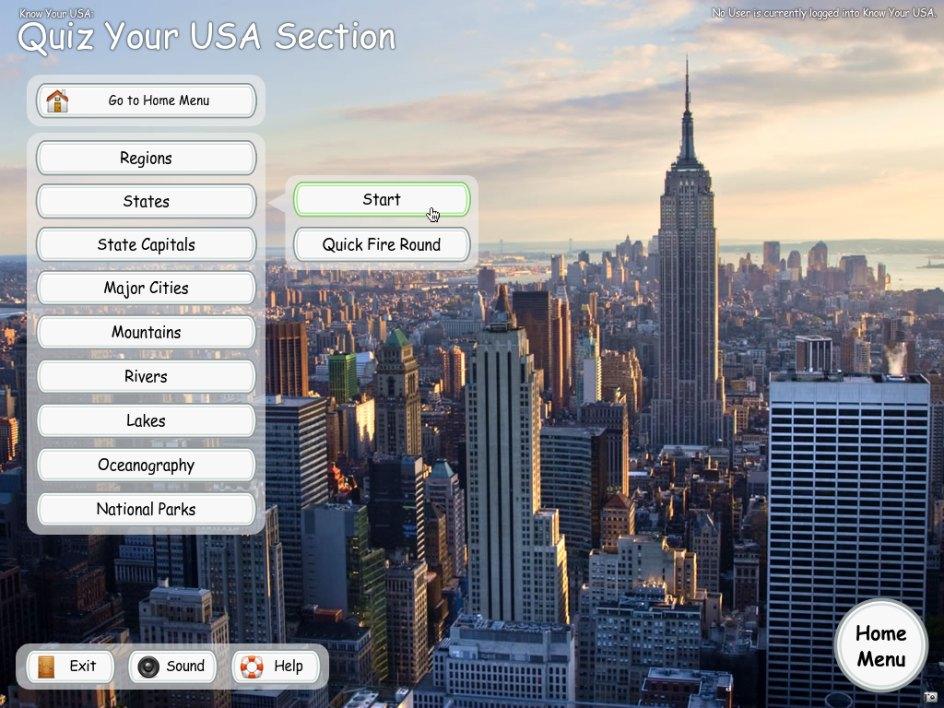 Quiz Your USA Go to Main Menu this will return you to the Main Menu. Start or Quick Fire select if you want to do a quick fire quiz which only asks 12 questions or be asked all features.