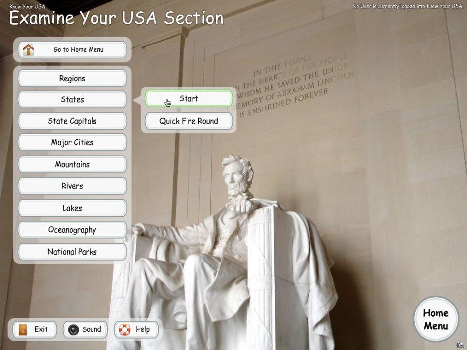 Examine Your USA Go to Main Menu this will return you to the Main Menu. Start or Quick Fire select if you want to do a quick fire quiz which only asks 12 questions or be asked all features.