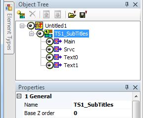 in the Object Tree window the imported TS_SubTitles object (7) with all its elements will be displayed; the title elements contained within the TS_SubTitles script object will be displayed on the