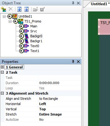 When configuring the Backgr0 title element, you can change the value of the Alignment and Stretch group properties (4).