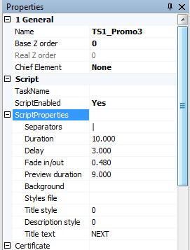 To start setting parameters of the scripted object, in the Object Tree window (1) click on the name of the TS1_Promo3 scripted object