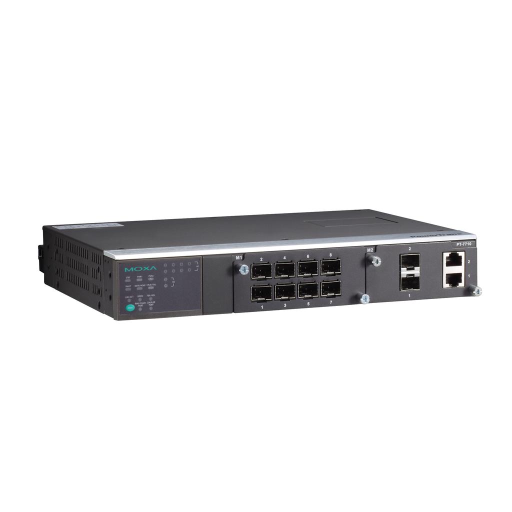 PT-7710 Series IEC 61850-3 8+2G-port Layer 2 Gigabit modular managed rackmount Ethernet switches Features and Benefits IEC 61850-3, IEEE 1613 (power substations), and EN50121-4 (railway applications)