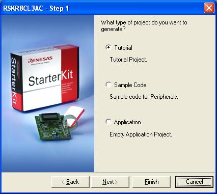 Step 3.3 Step 3.4 Step 3.5 Step 3.6 Step 3.7 Ensure that CPU Family is M16C. Click on RSKR8CL3AC in the Project Types window.