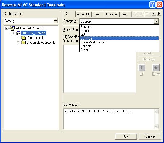 Shown are all the compile options available for the currently loaded M16C toolchain.