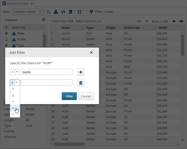 Filtering and Sorting Data 37 The Add Filter window for a character column is case sensitive and searches for values that