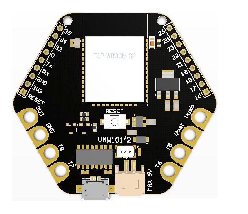 ESP32 WEARABLE DEVELOPMENT BOARD ORDER CODE: VMW101 FULLY ARDUINO COMPATIBLE! on board WiFi and Bluetooth temperature sensor based on the ESP32 ultra-thin PCB, no sharp edges, easy to wear!