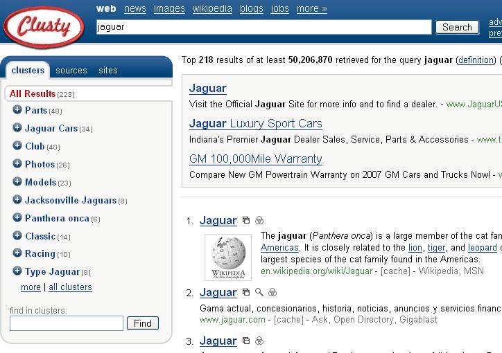 Navigating search results (2) One can also view grouping documents with the same sense of a word as clustering Given the results of a search (e.g., jaguar, NLP), partition into groups of related docs Can be viewed as a form of word sense disambiguation E.