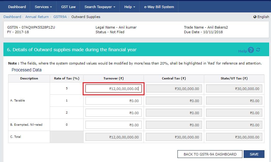 1.6. Click the BACK TO GSTR-9A DASHBOARD button to go back to the Form GSTR-9A Dashboard page. 16.1.7.