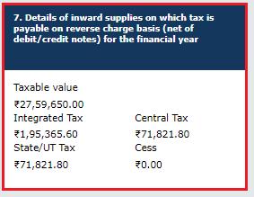 Go back to the main menu 16.2. 7. Details of inward supplies on which tax is payable on reverse charge basis (net of debit/credit notes) declared in returns filed during the financial year 16.2.1. Click the 7.