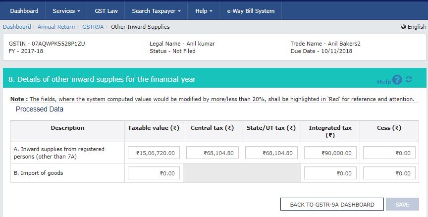 16.3.3. Enter the Taxable value and Tax details.