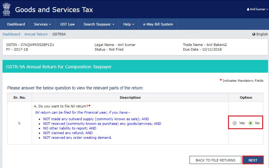 12. The GSTR-9A Annual Return for Composition Taxpayers page is displayed.