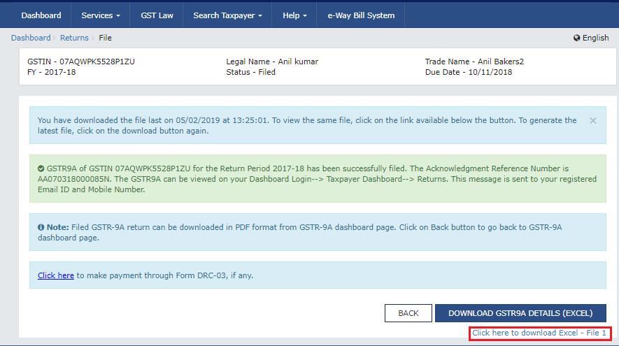 34. Once the file is downloaded, click on the link available below the DOWNLOADED GSTR-9A (EXCEL)
