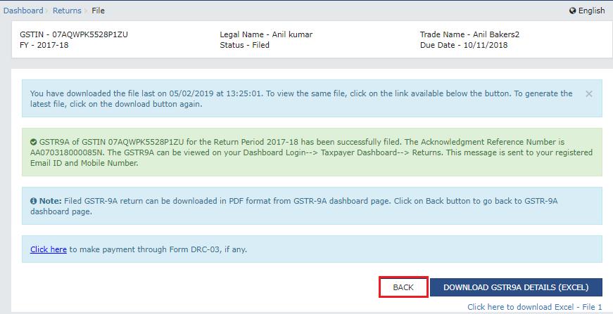 Click the BACK button to go back to GSTR-9A page. 36.