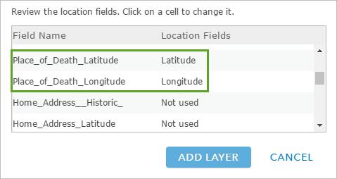 6. In the list of fields, scroll until you locate the Place of Death Latitude and Place of Death Longitude fields.