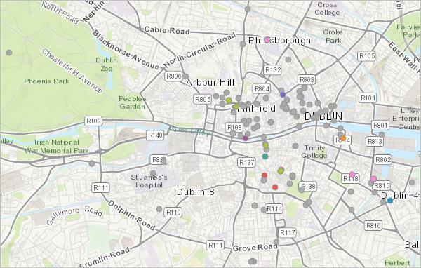 9. Use the mouse scroll wheel or Zoom In button to zoom back to Dublin. The fatalities are primarily clustered around the center of the city, where most of the population lived in 1916.