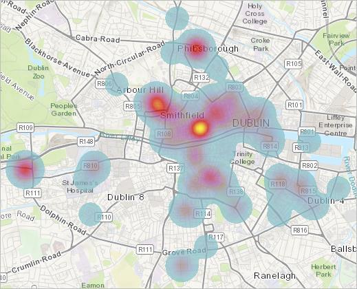 The heat map represents the concentration of fatalities in certain areas, with red and yellow areas having a higher concentration.